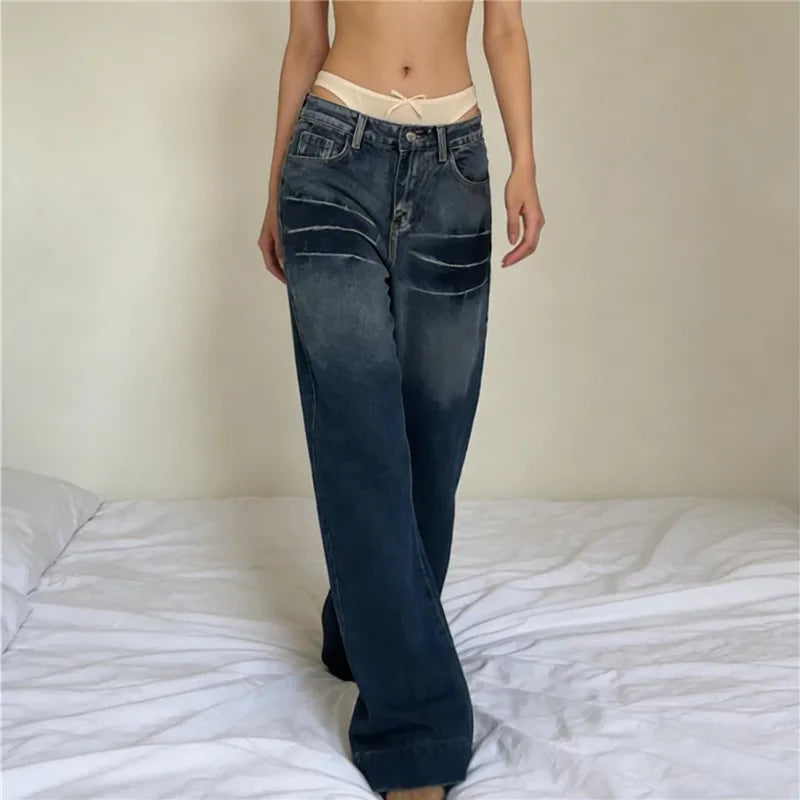Women Water Washed Denim Pants Low Rise Retro Gradient Loose Straight Leg Jeans with Pockets Vintage Streetwear