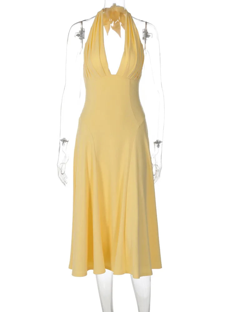 Women Halter Deep V Neck Sexy Midi Dress Pleated Bust Flared A‑Line Long Dress Elegant Evening Party Prom Dresses
