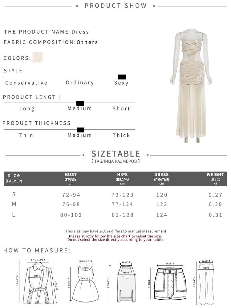 See Through Hem Folds Bandage Maxi Dress Women Waistless Backless Patchwork Flower Decoration Party Vacation Vestidos