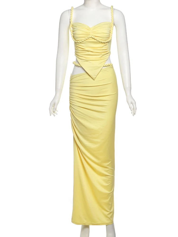 Elegant 2 Piece Set Women Summer Vacation Y2K Plait Strap Camisole+Shirring Sash Maxi Skirts Clubwear Matching Suits