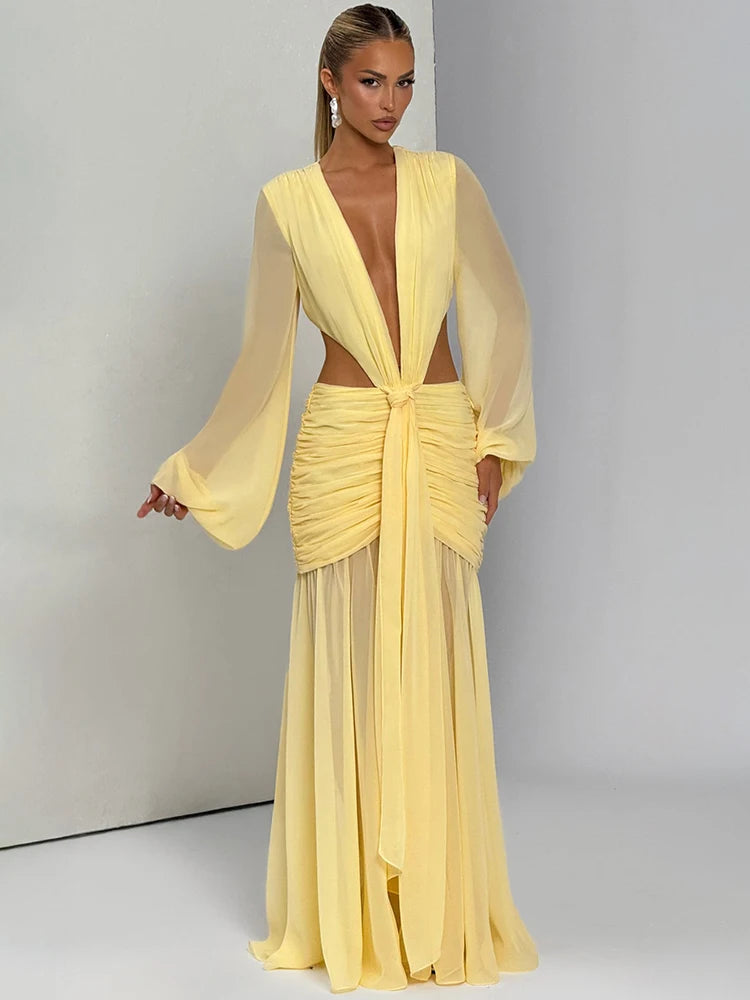 Leopard Print Long Sleeve Sexy Maxi Dress Women Fashion Hollow Out Backless Draped Ruched Bodycon Club Party Long Dress