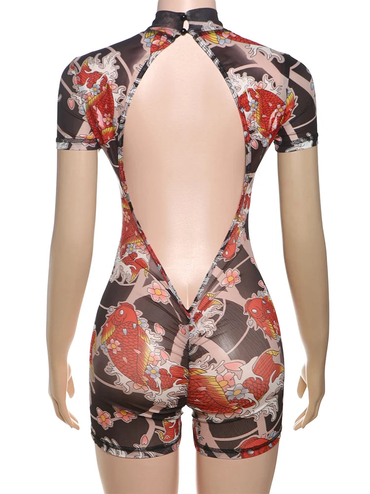 Backless Playsuit Women See Through Shorts Sleeve Peach Buttocks Summer Trend Aesthetic Print Midnight Club Romper