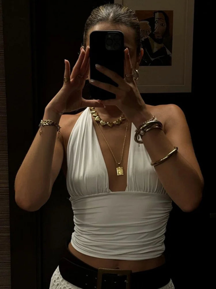 Halter Backless Crop Tops Women Sexy Summer Clothes 2025 Solid Color Deep V Neck Tank Top Streetwear