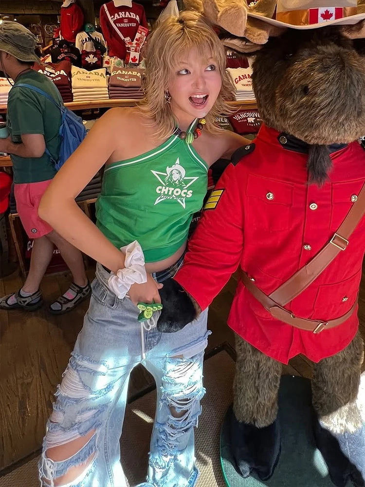 Sexy Halter Camisole Women Letter Star Print Lace-Up Backless Simple Wild Hottie Music Festival Slim Street Clubwear