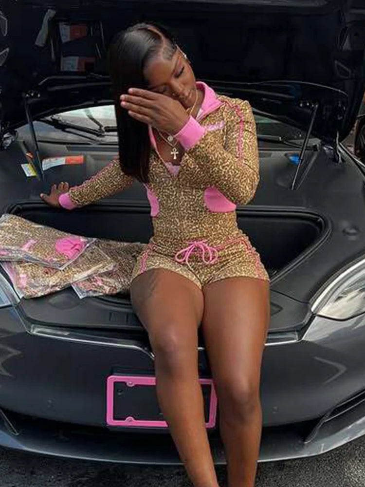 Casual Women 2 Piece Set  Tracksuit Leopard Print Patchwork Zip Crop Jacket+Shorts Sporty Stretch Streetwear Outfits