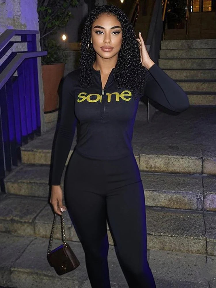 Casual Sporty Women2 Piece Set Letter Print Zip Crop Tops+Leggings Matching Street Stretch Skinny Streetwear Outfits