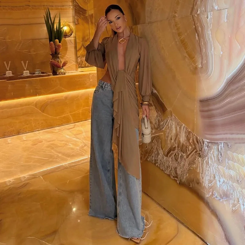 Woman Sheer Mesh Blouses Shirts Elegant Sexy Draped Front Long Sleeve Deep V Neck Backless Tops Fall 2026