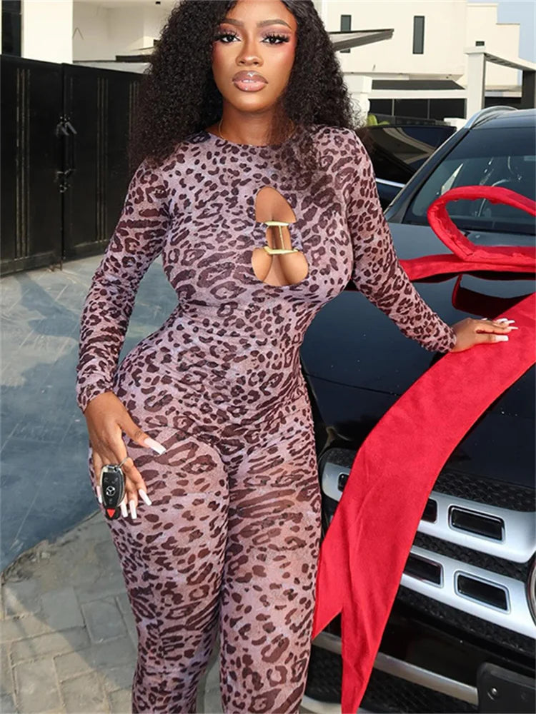 Sexy Hollow Jumpsuit Women Wild Leopard Print Bandage Backless Skinny Peach Hip Midnight Trend Club Party Overalls