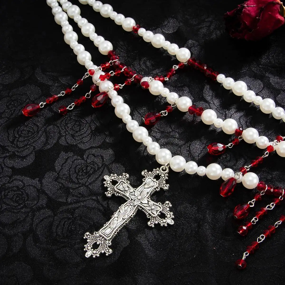 Gothic Multi-layer Imitation Pearl Choker Necklace for Women Vintage Red & Black Crystal Cross Pendant Halloween Jewelry