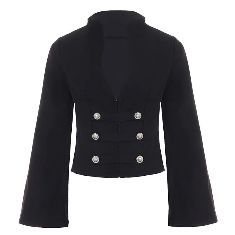 Black Cropped Jacket Double-breasted Buttons Flared Sleeves Blazers Coats for Woman Winter 2026