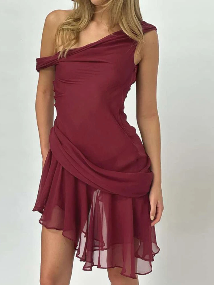 Asymmetrical Short Dresses Women Summer Elegant Sexy One Shoulder Backless Pleated Dress Trendy Clothes