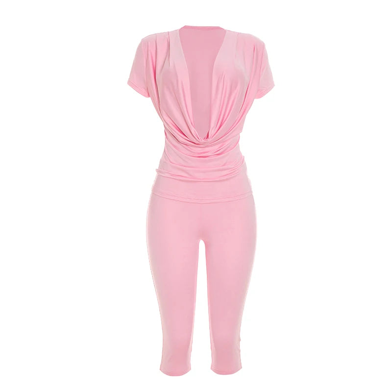 Sexy 2-Piece Set Women Swing Collar t-Shirt+Simple Classic Short Solid Street Sexy Midnight Matching Comfortable Suit