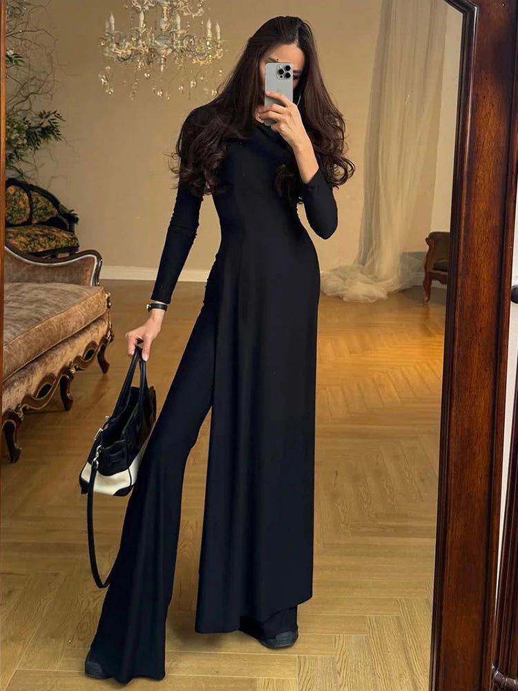 Casual Elegant 2 Piece Set Women o-Neck Skinny High Splits Maxi Dress+Solid Straight Pants Daily Simple Fashion Suit
