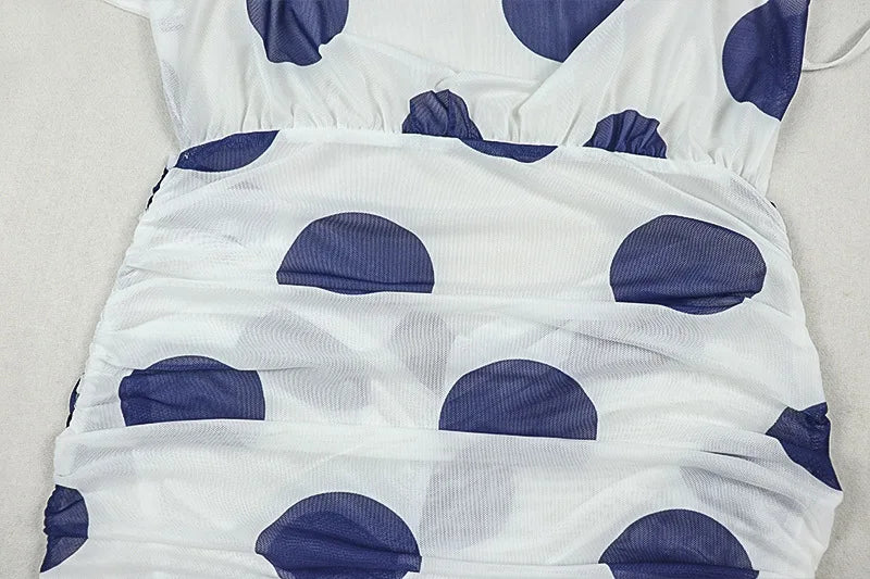 Sexy Swing Collar Dress Women Dot Print Hollow Halter Backless Bandage Split Stretch Mesh Vacation Party Vestidos