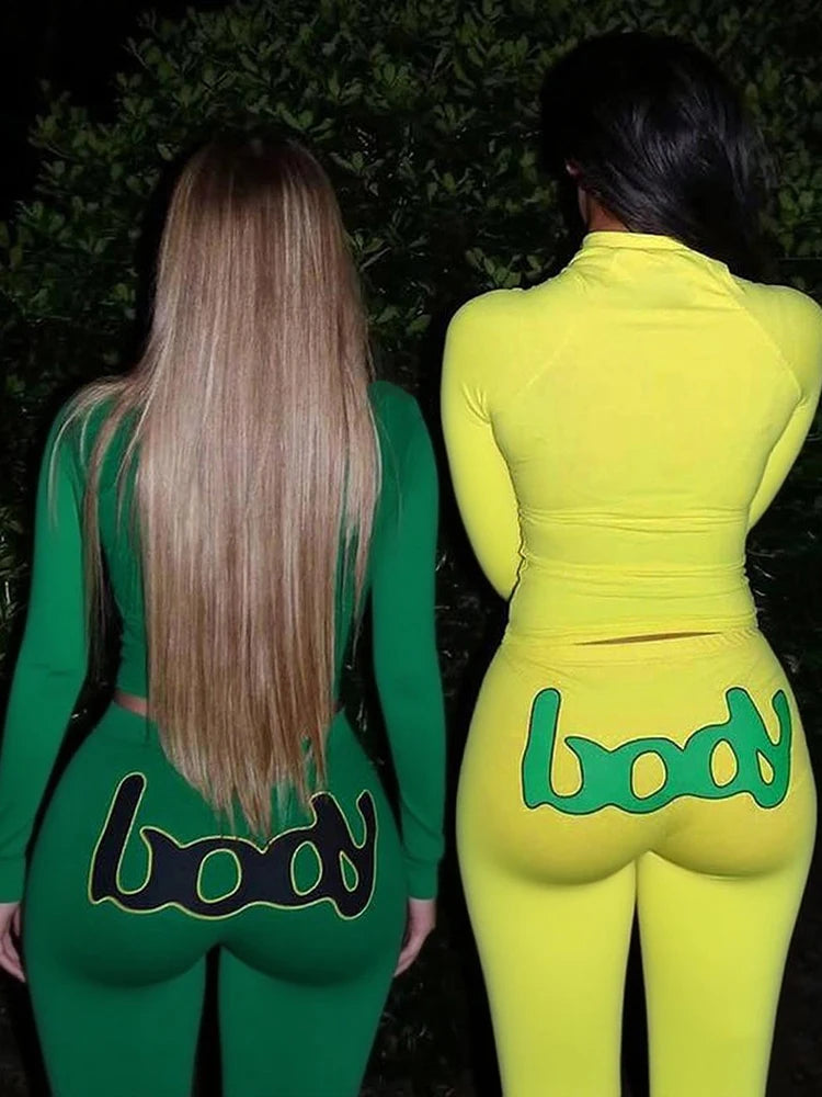 Casual Sporty Women2 Piece Set Letter Print Zip Crop Tops+Leggings Matching Street Stretch Skinny Streetwear Outfits