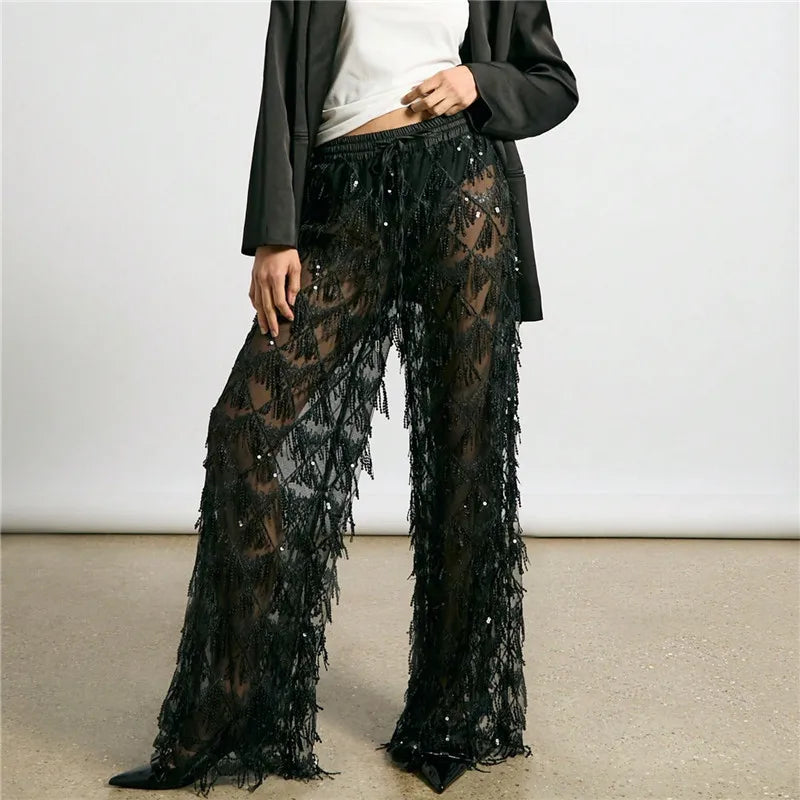 Sheer Mesh Sequin Fringe Wide Leg Pants Drawstring Elastic Waist See Through Beach Cover Up Palazzo Pants Party Clubwear