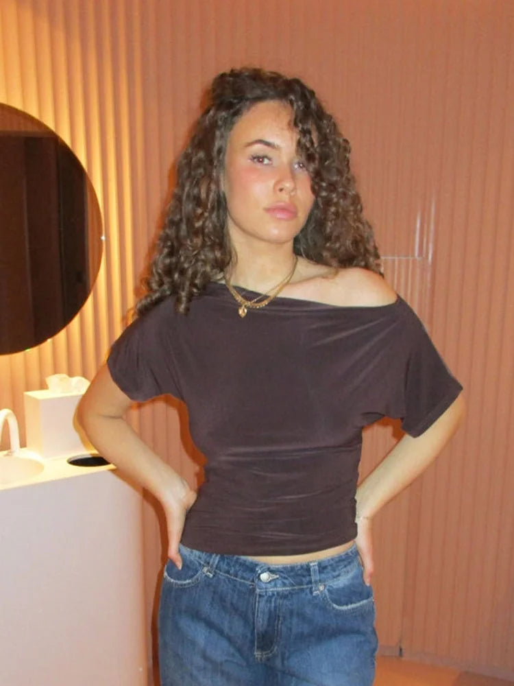 Off The Shoulder Short Sleeve Tops Casual Clothes for Woman Summer Solid Color T Shirts
