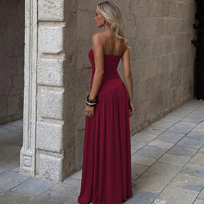 Strapless Ruched Maxi Dress Burgundy Black Outfit Summer Woman Clothing Elegant Dresses Casual