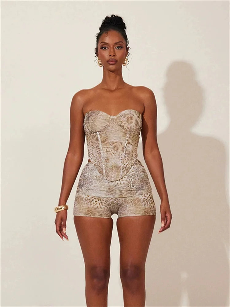 Leopard Print 2 Piece Set Women Matching Summer Strapless Crop Tanks+Stacked Skinny Shorts Female Hipster Streetwear
