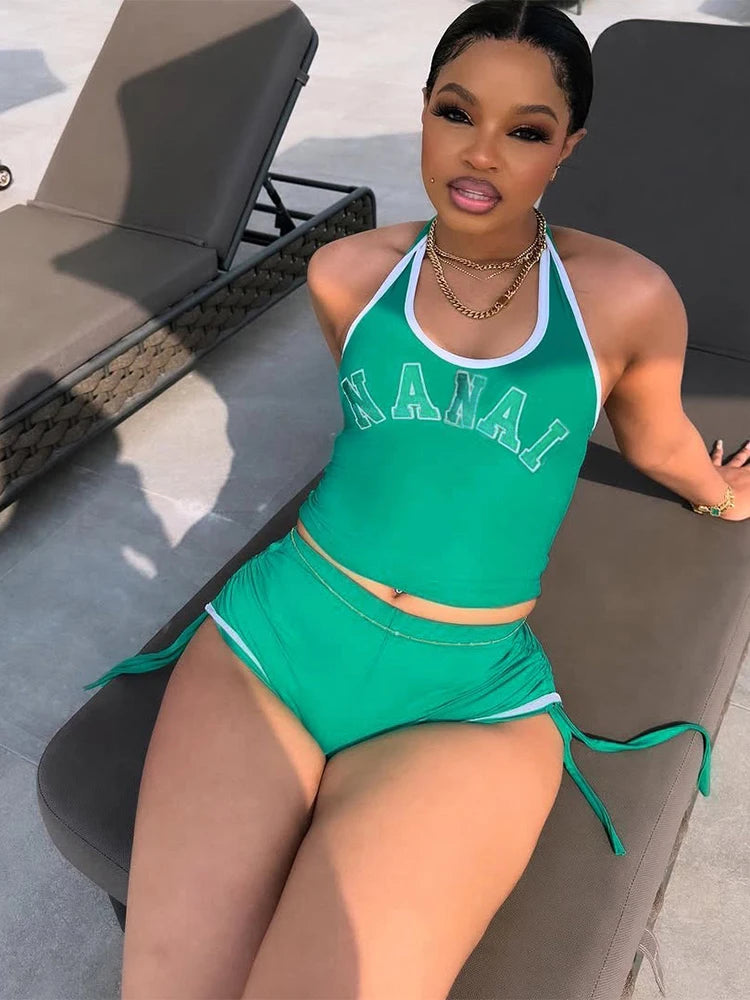 Sporty 2 Piece Set Women Casual Letter Print Halter Vest+Side Shirring Shorts Matching Streetwear Fitness Outfits