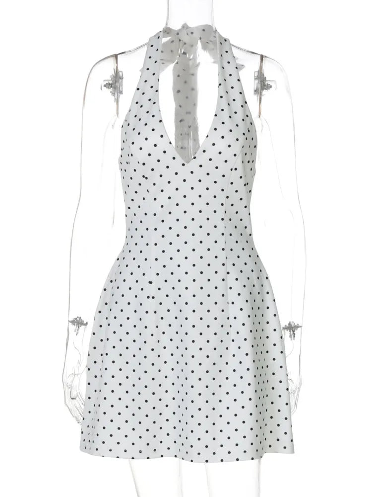 Polka Dot Sexy Mini Dress Women Fashion Halter Deep V Neck Sleeveless Backless High Waist A-line Club Party Dresses