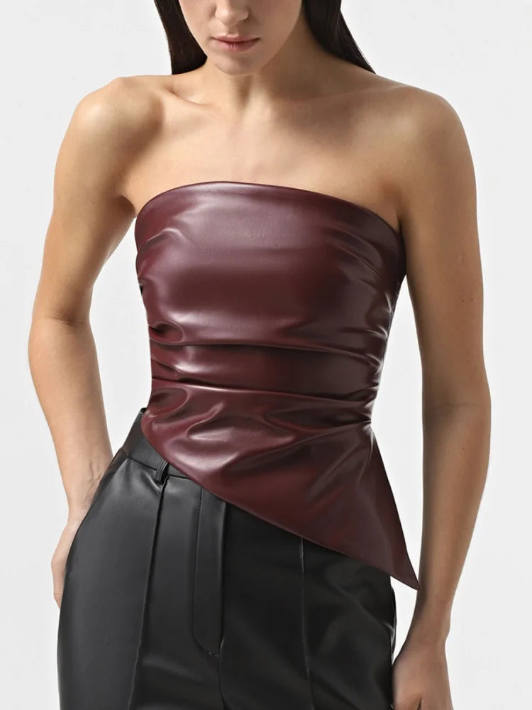 PU Leather Tube Top Sexy Women Summer Tanks 2025 Fashion Asymmetrical Strapless Backless Crop Tops
