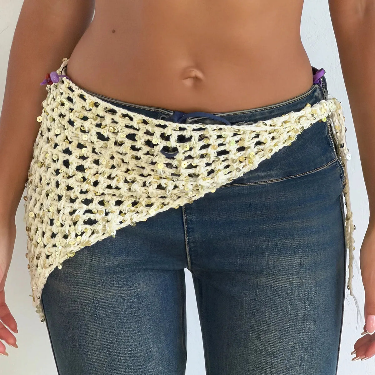 Women's Multi Way Wear Crochet Sequin Wrap Skirt Asymmetrical Hem Knit Beach Cover Up Skirt Summer Vacation Swimwear Cover Up