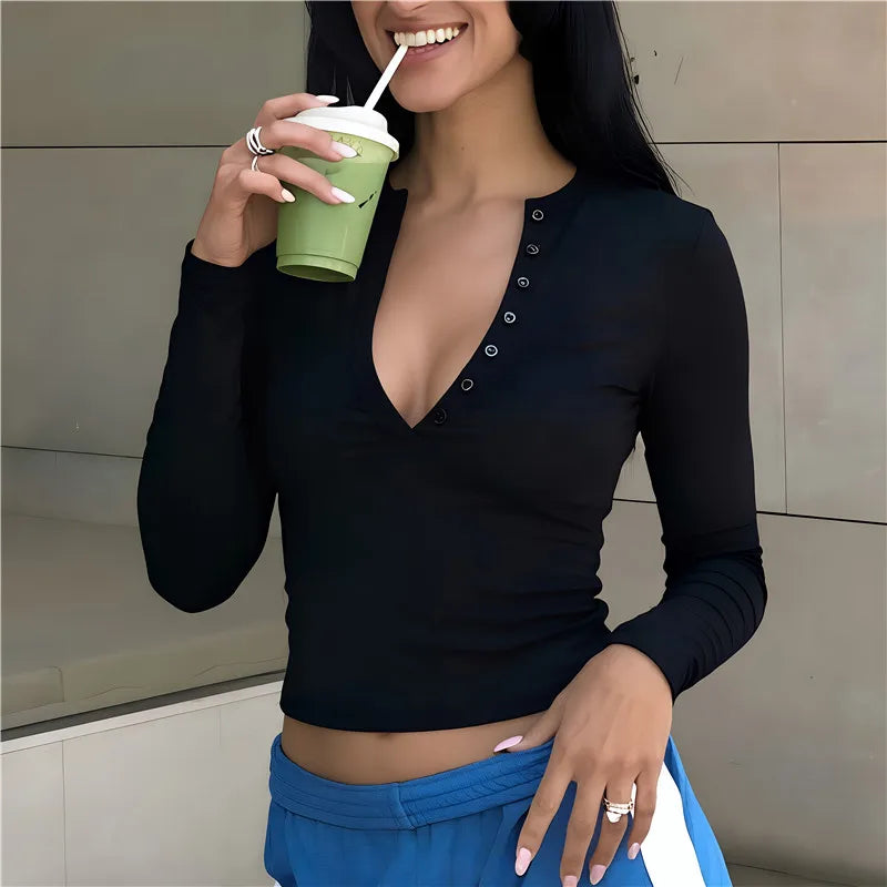 Women Henley V Neck Half Button Long Sleeve Crop Top Ribbed Slim Fit T Shirt Fall Casual Streetwear Aesthetic Crop Tee