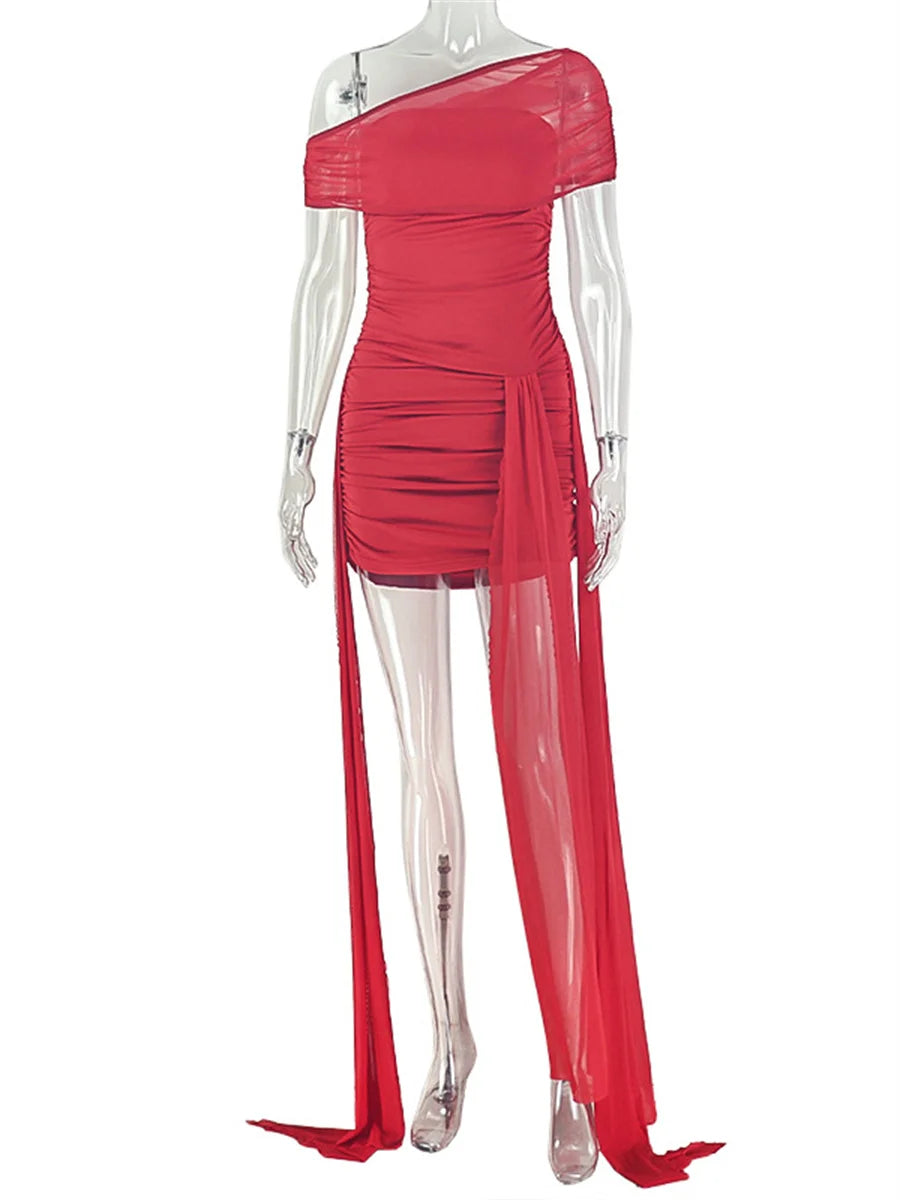 Sexy Mesh Shawl+Dress Women Hottie Trend Ruched Ribbon Patchwork Simple Fashion Birthday Party Club Peach Hip Bodycon