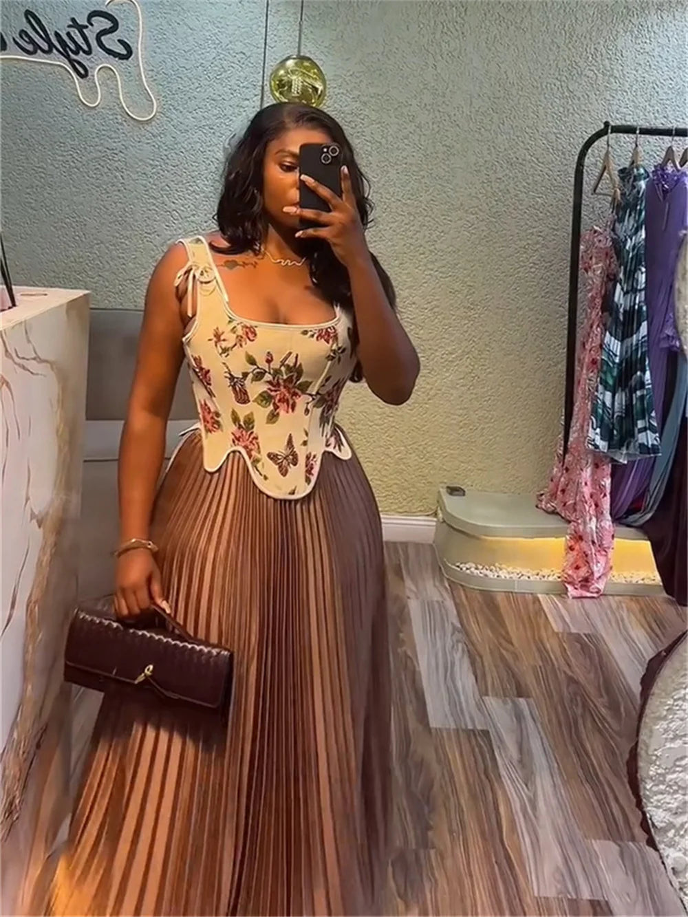 Elegant 2-Piece Set Women Irregular Hem Shirring Floral Fishbone Tank Tops+Pleated Long Skirts Evening Party Outfits