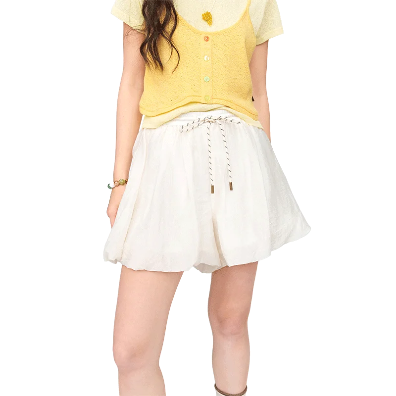 Women's White Elastic Waist Drawstring Ruffle Hem Wide Leg Shorts, Loose Chiffon Bubble Culotte Pants for Daily