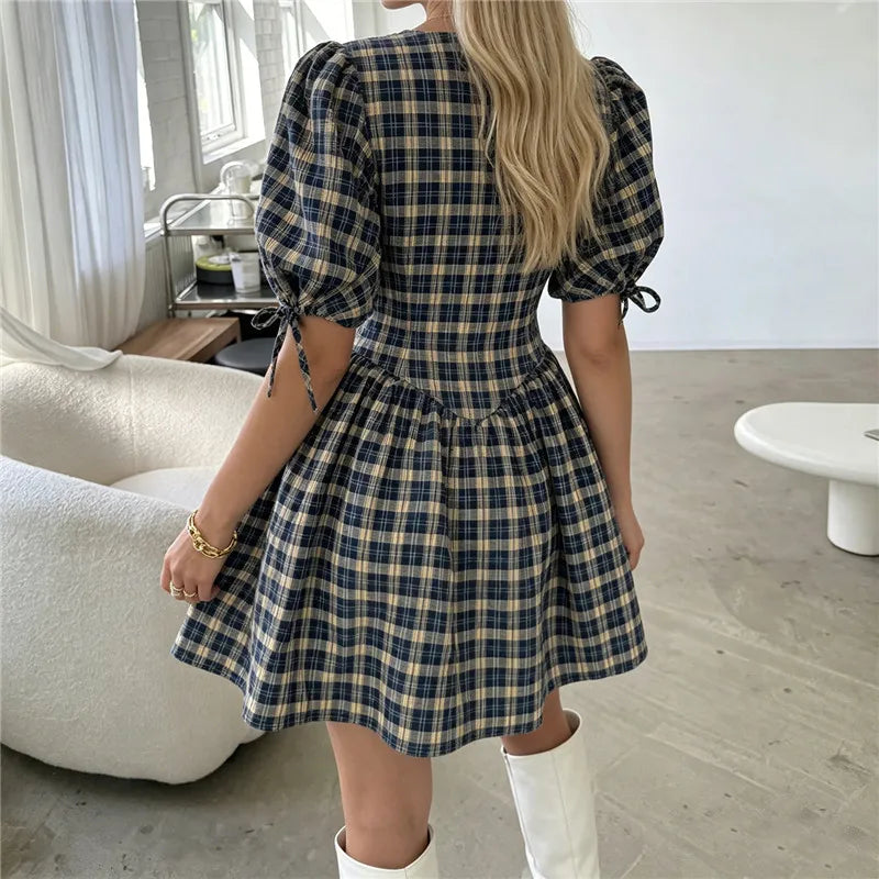 Women's Y2K Plaid Mini Dress Round Neck Puff Sleeve Bow Tie Cuffs A-Line Flared Skirt Casual Vintage Summer Dress