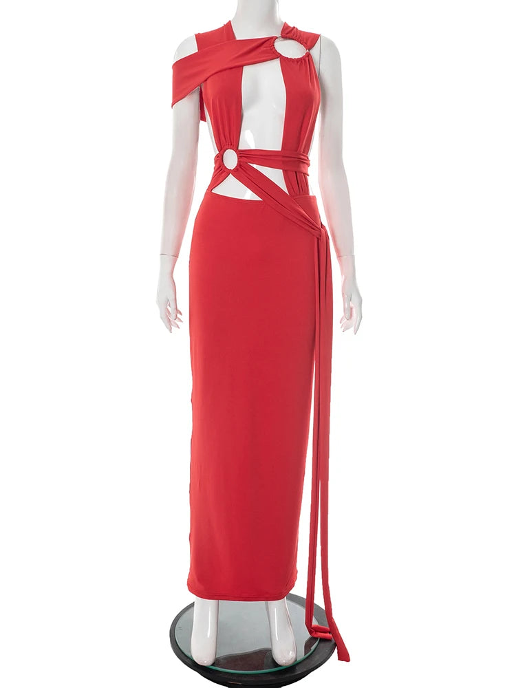 Hollow Cross Bandage Dress Women Irregular Metal Rings Patchwork Midnight Sexy Skinny Midnight Party Club Vestidos