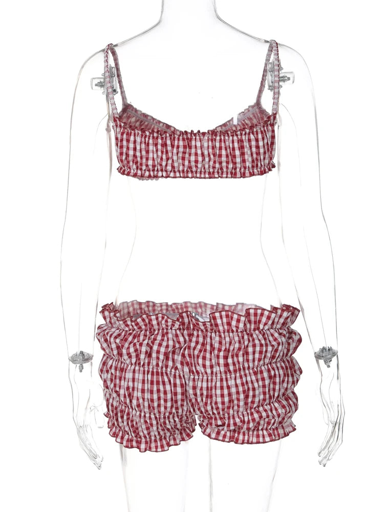 Stripe Women 2 Piece Set Beach Vacation Elastic Camisole+Ruched Shorts Matching Clubwear Midnight Summer Swimsuit