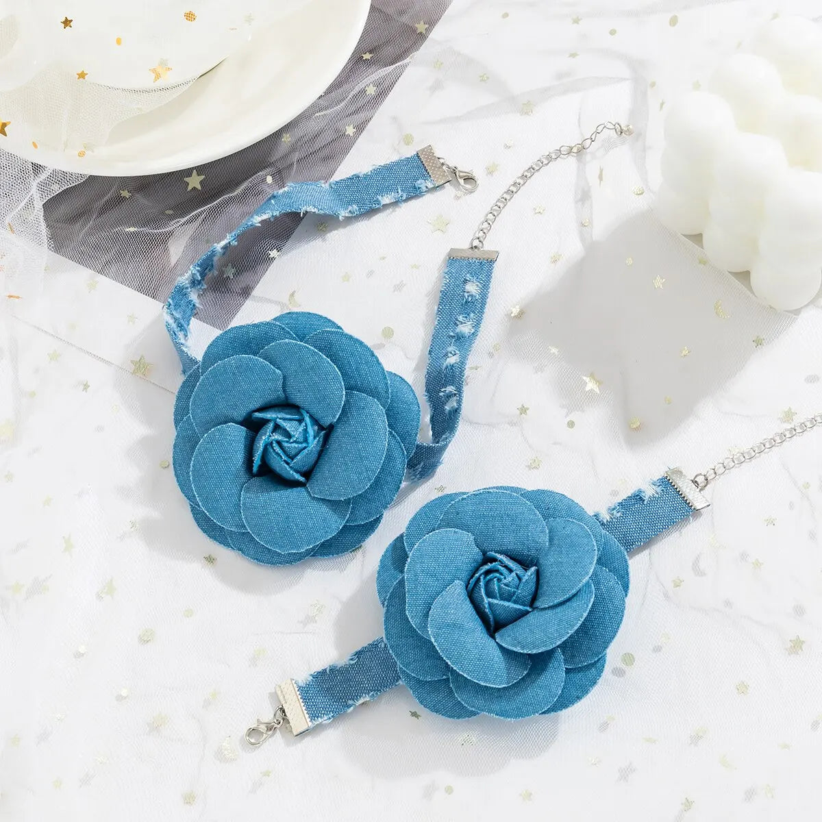 Exaggerated Romantic Blue Denim Big Rose Flower Clavicle Chain Necklace Bracelet for Women Elegant Short Choker Y2K Jewelry Set