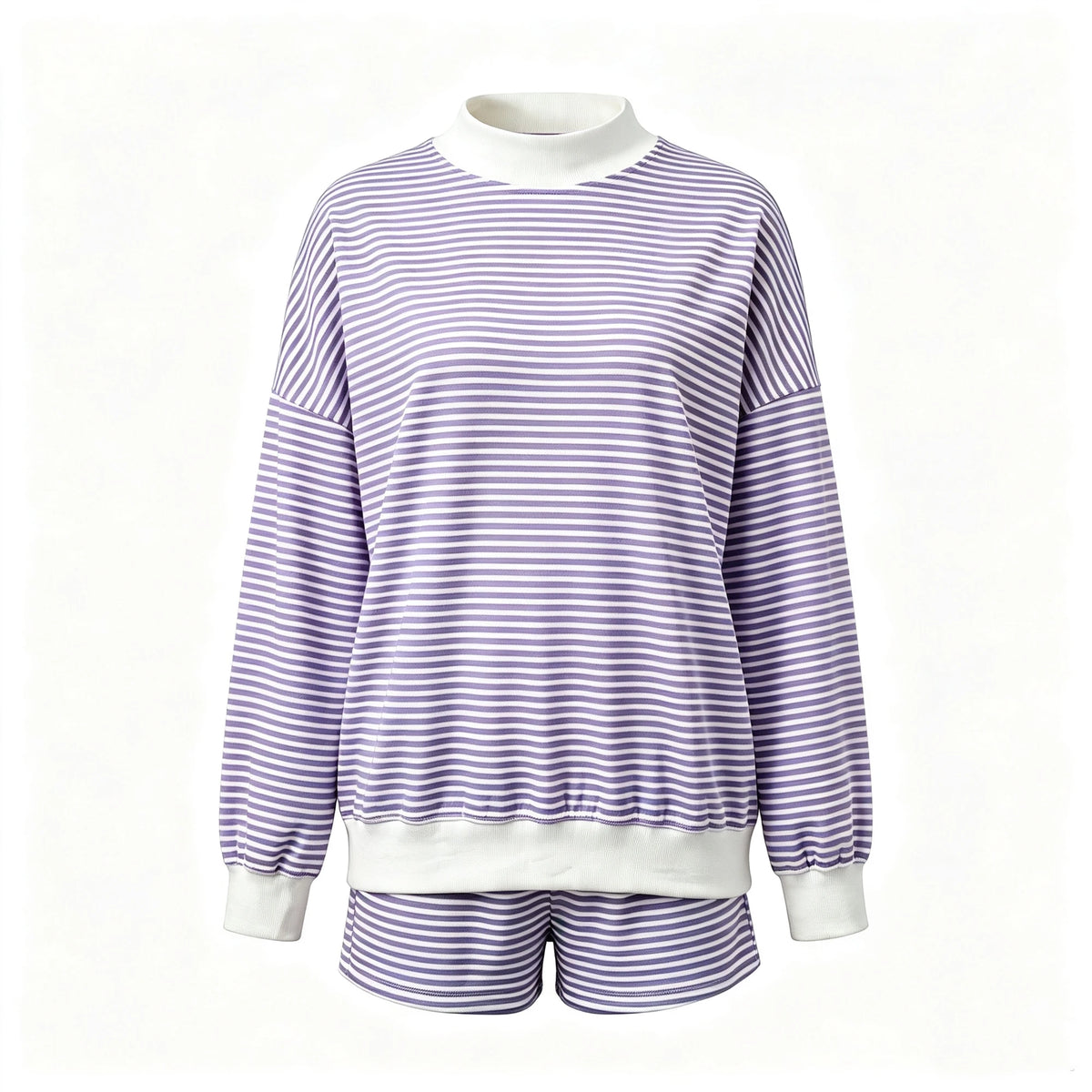 Women Mock Neck Striped Loungewear Two Piece Set Oversized Long Sleeve Sweatshirt And Shorts Casual Pajama Outfit