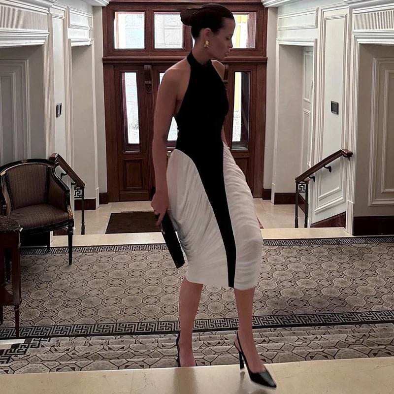 Halter Sleeveless Backless Ruched Midi Dress Black and White Patchwork Woman Clothes Sexy Elegant Party Dress
