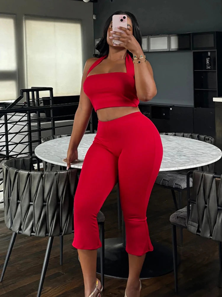 Casual Tracksuit 2 Piece Set Women Halter Backless Tank Tops+Skinny Peach Hip Pants Fashion Classic Sporty Outfits