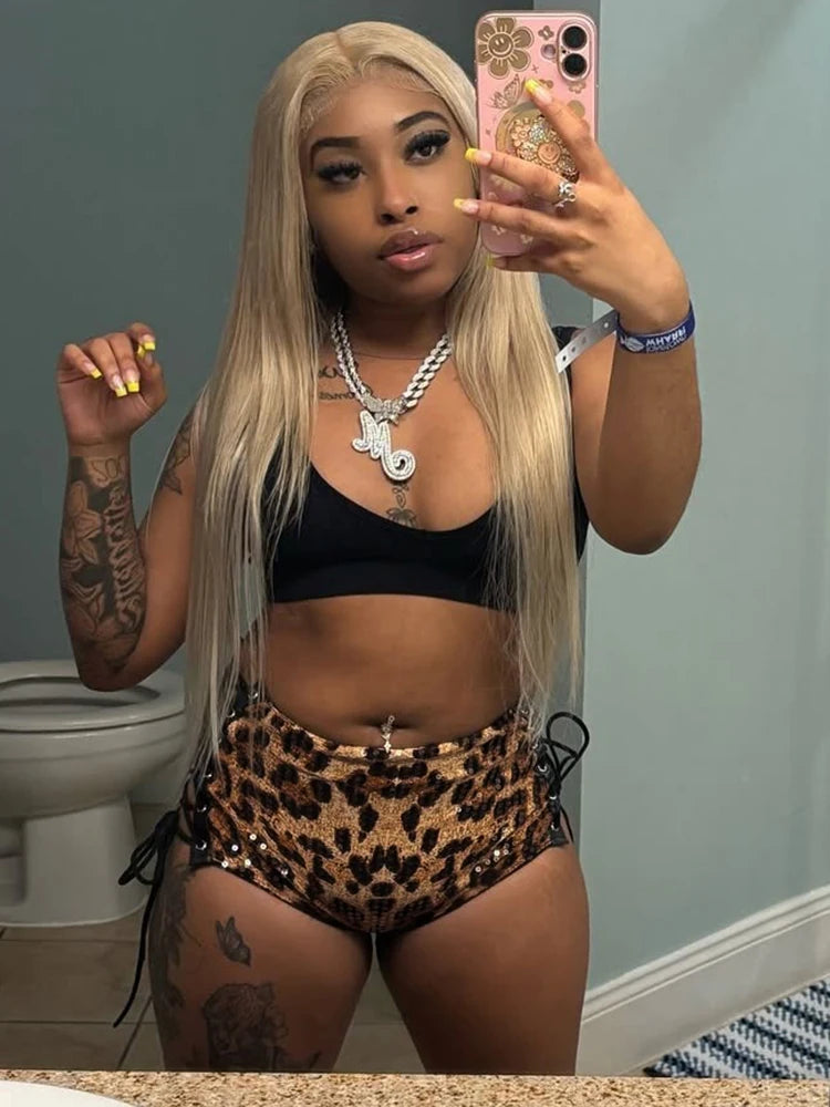 Sequins Shorts Women Y2K Leopard Print Hollow Midnight Sexy Hottie Side Shirring Summer Wild Fashion Classic Bottoms