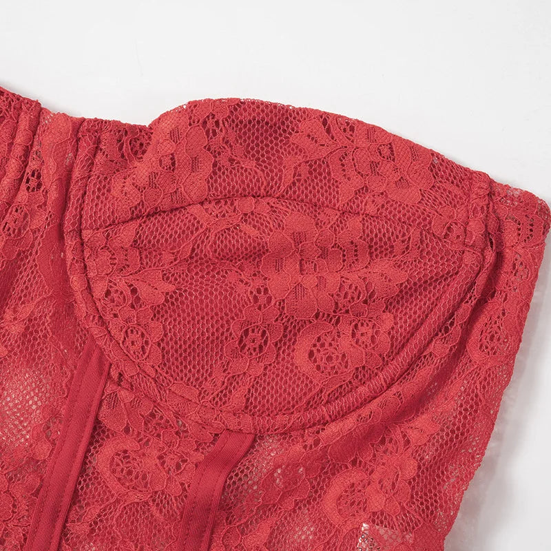 See Through Lace Red 2 Piece Set Tube Top and Flare Pants Sexy Nightclub Summer Outfits for Women