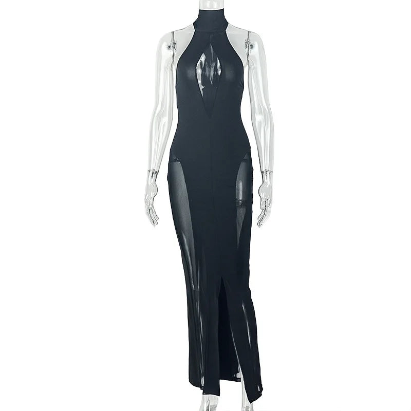 Sexy Women Backless Halter Mesh See Through Maxi Dress Long Ribbon Tie Back High Split Slim Fit Bodycon Party Long Gown