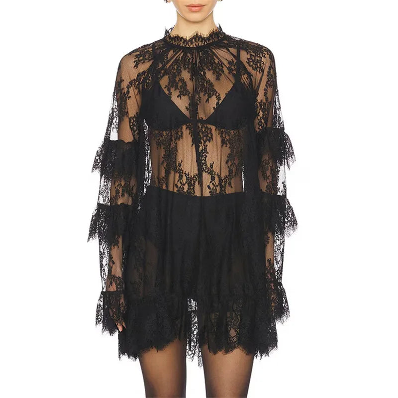 Women Lace Sheer Dress Sexy See Through Mesh Long Sleeve High Neck Floral Cover Up Cocktail Party Mini Dresses