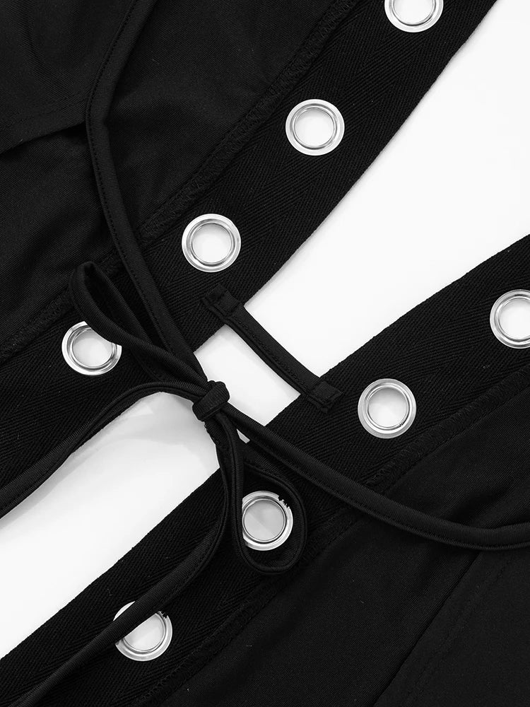 Sexy Women Halter Tank Tops Hollow Metal Hole Backless Lace-Up Sleeveless Wild Skinny Midnight Coquett Hottie Vest