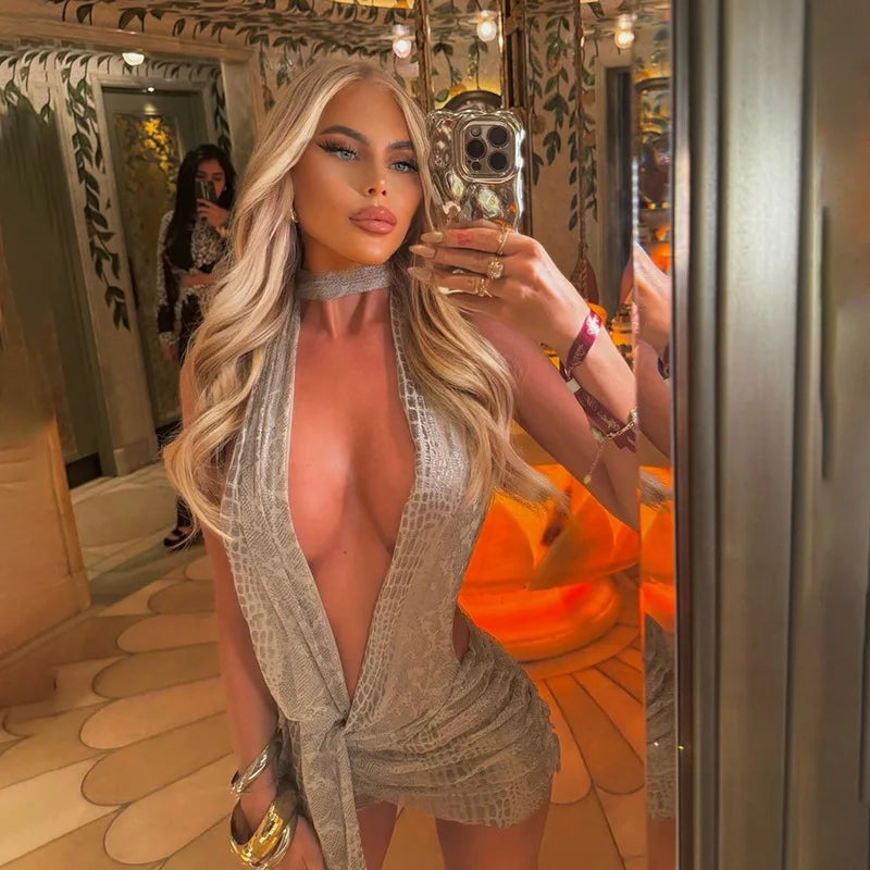 Snake Print Mesh Sexy Summer Dresses Women 2024 Beach Vacation Asymmetric Halter Backless Mini Dress Clubwear