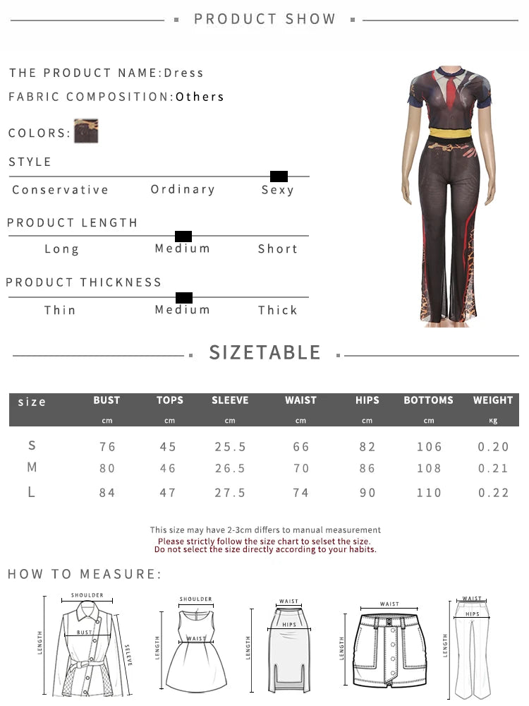 Sexy Women 2 Piece Set See Through Leopard Print Shorts Sleeve Crop Tops+Flare Pants Matching Clubwear Skinny Outfits