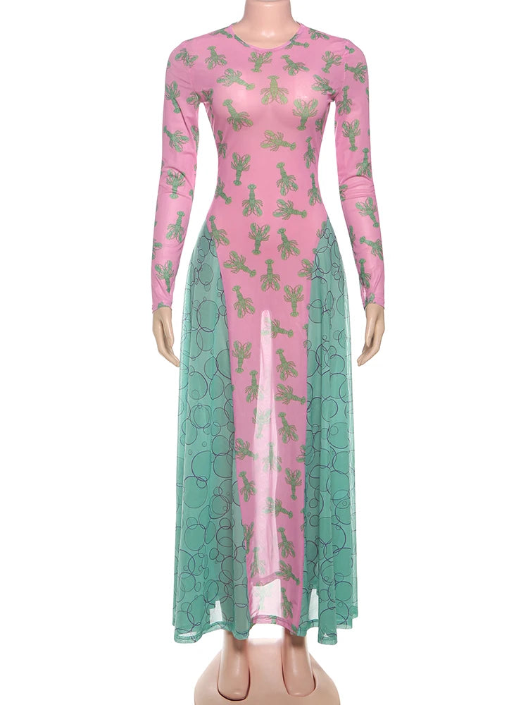 Contrast Patchwork Long Dress Women Crayfish Print o-Neck Full Sleeve See Through Hem Autumn Fashion Elegant Vestidos