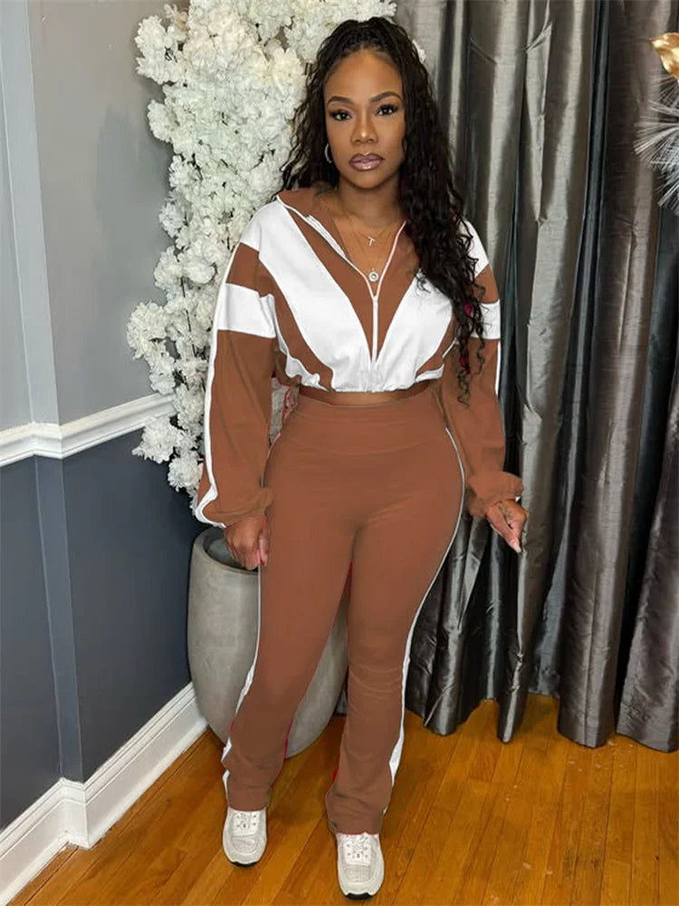 Contrast Patchwork Tracksuit 2 Piece Set Women Zipper Cardigan Jacket+Skinny Pants Casual Fashion Simple Sporty Suit