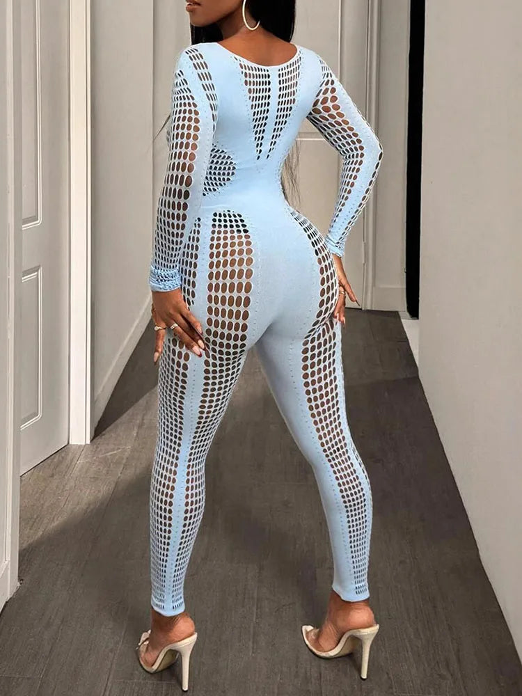 Hollow jumpsuit women stretch skinny full sleeve solid fall hipster sexy midnight coquette activity workout overalls