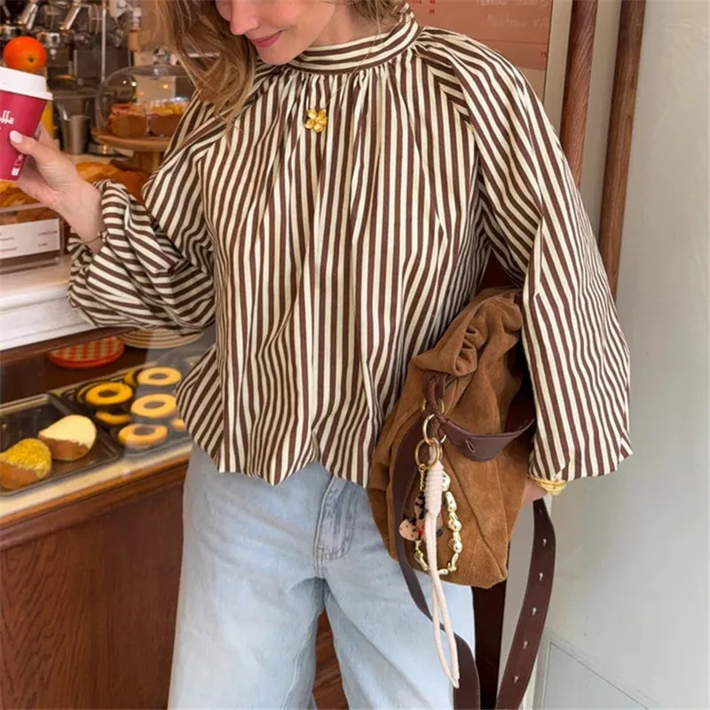 Womens Striped High Neck Blouse Puff Sleeve Open Back Bow Tie Shirt Loose Fit Vintage French Holiday Casual Tops