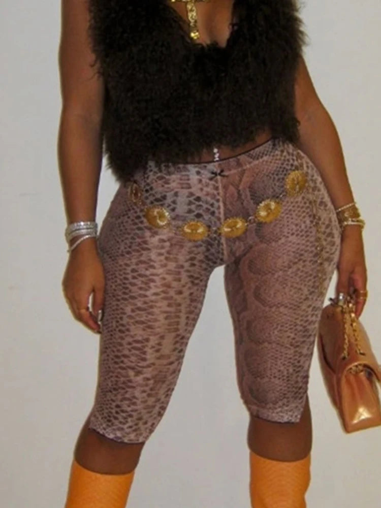 Serpentine Print Shorts Women Street Sexy Wild Style Elastic Waist Skinny Peach Hip Hottie Midnight Club Party Bottom